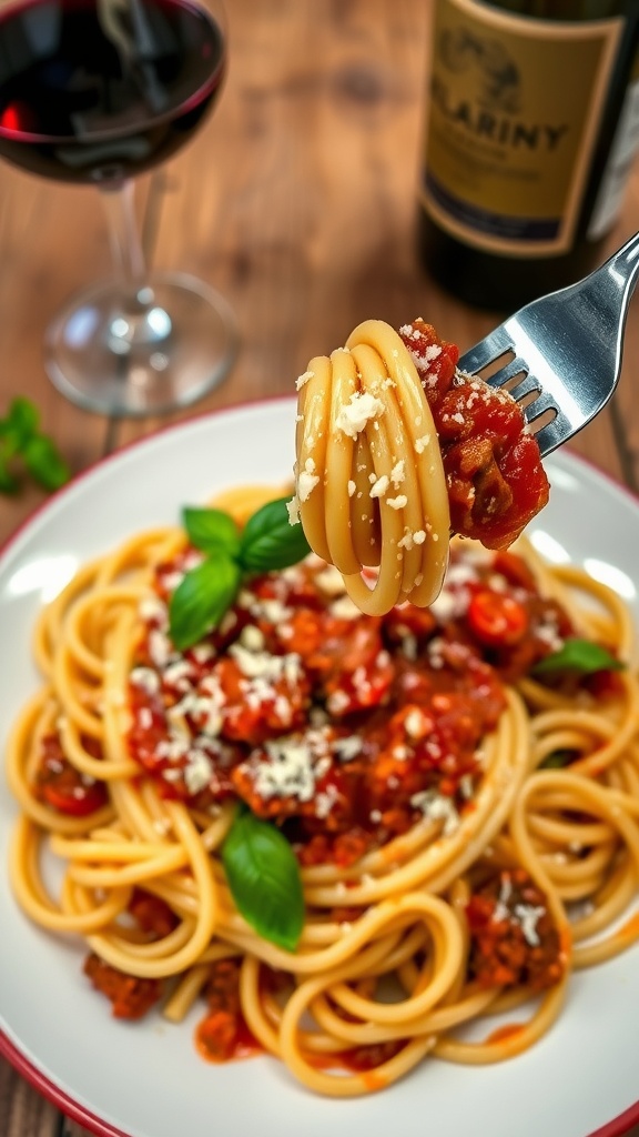 A plate of pasta with meat sauce, garnished with Parmesan cheese and basil, on a rustic wooden table.